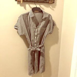 Blue and white striped button down dress